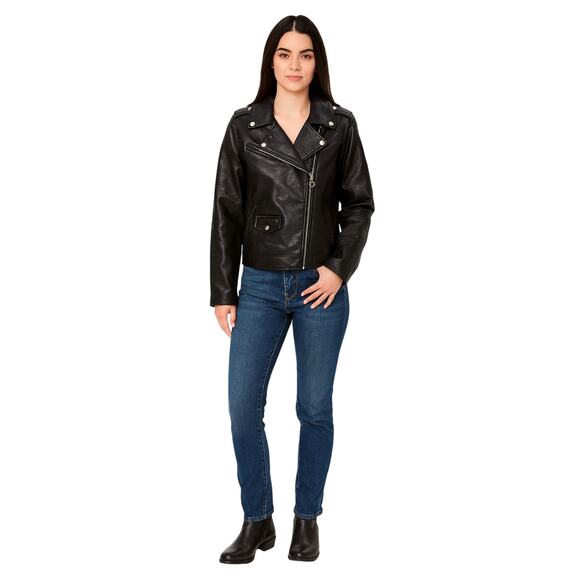 Soncy Jackets & Blazers - Soncy Moto Faux Leather Jacket Zip Accents Collared Black Women's Size 10 New
